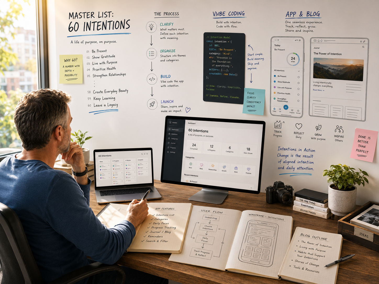 Create master list of 60 intentions and vibe-code app/site/blog/social.